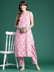 Indo Era Pink Printed Straight Kurta Trousers set