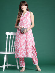 Indo Era Pink Printed Straight Kurta Trousers set