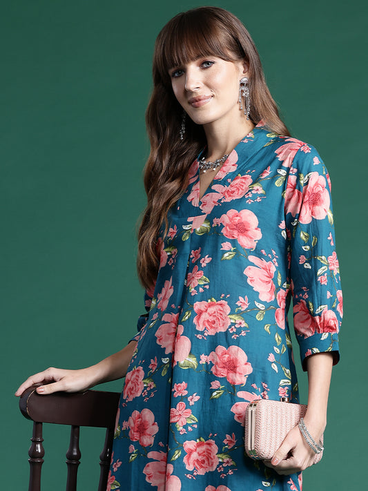 Indo Era Teal Printed A-Line Kurta Trousers set