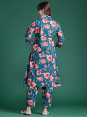 Indo Era Teal Printed A-Line Kurta Trousers set