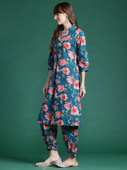 Indo Era Teal Printed A-Line Kurta Trousers set