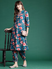 Indo Era Teal Printed A-Line Kurta Trousers set