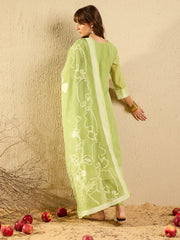 Indo Era Green Woven Design Straight Kurta Trousers set