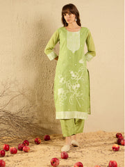 Indo Era Green Woven Design Straight Kurta Trousers set