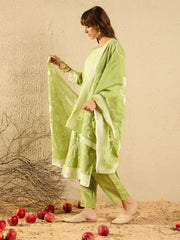 Indo Era Green Woven Design Straight Kurta Trousers set