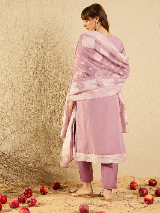 Indo Era Mauve Woven Design Straight Kurta Trousers set