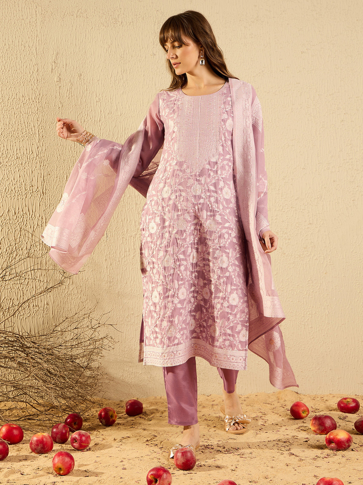 Indo Era Mauve Woven Design Straight Kurta Trousers set