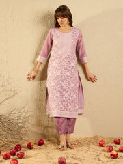 Indo Era Mauve Woven Design Straight Kurta Trousers set