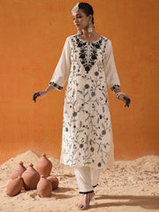 Indo Era White Straight Embroidered Kurta Trousers With Dupatta Set