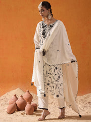 Indo Era White Straight Embroidered Kurta Trousers With Dupatta Set