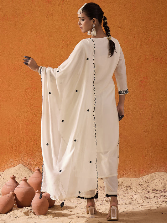 Indo Era White Straight Embroidered Kurta Trousers With Dupatta Set