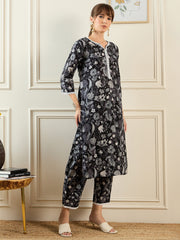 Indo Era Black Printed Straight Kurta Trousers set