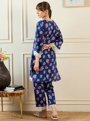 Indo Era Blue Printed Straight Kurta Trousers set