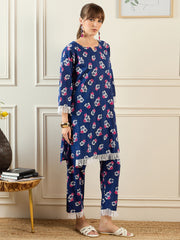 Indo Era Blue Printed Straight Kurta Trousers set