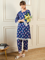 Indo Era Blue Printed Straight Kurta Trousers set