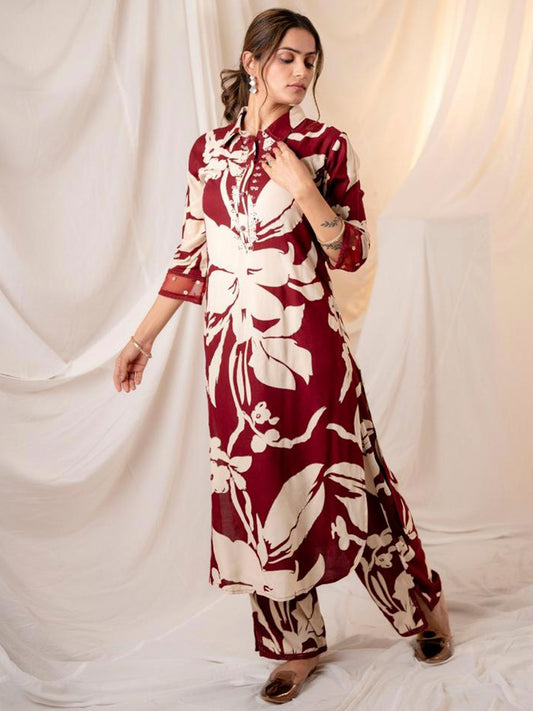 Indo Era Maroon Printed Straight Kurta Trousers set