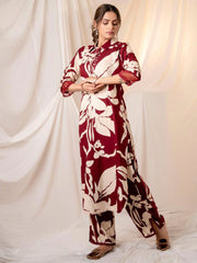 Indo Era Maroon Printed Straight Kurta Trousers set