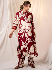 Indo Era Maroon Printed Straight Kurta Trousers set