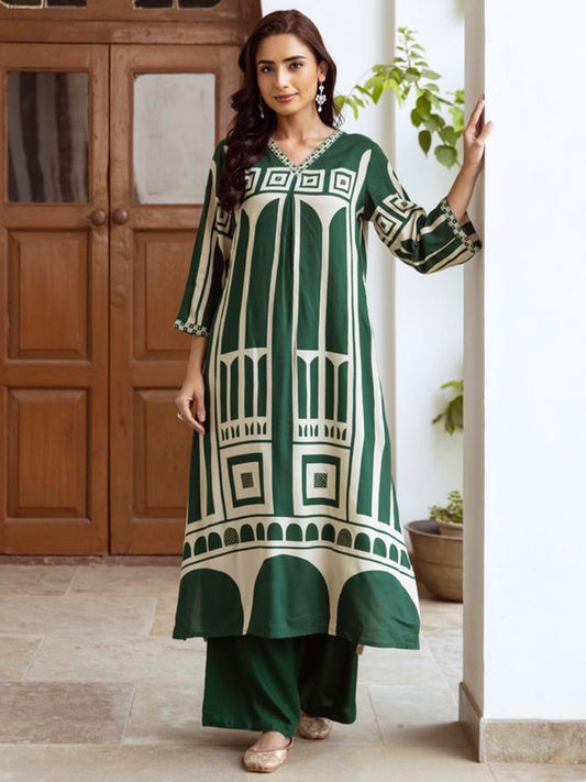 Indo Era Green Printed A-Line Kurta Palazzos Set