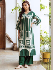 Indo Era Green Printed A-Line Kurta Palazzos Set