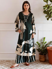 Indo Era Green Printed A-Line Kurta Palazzos Set