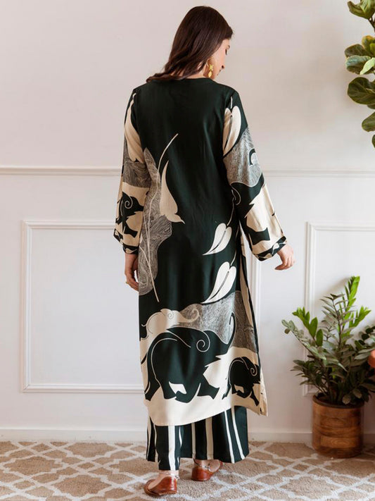 Indo Era Green Printed A-Line Kurta Palazzos Set