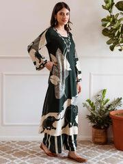 Indo Era Green Printed A-Line Kurta Palazzos Set