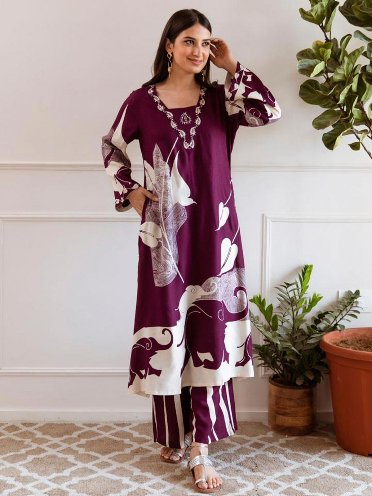 Indo Era Burgundy Printed A-Line Kurta Palazzos Set