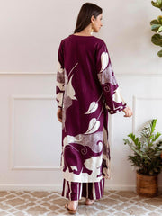 Indo Era Burgundy Printed A-Line Kurta Palazzos Set