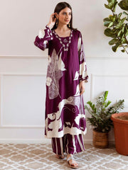 Indo Era Burgundy Printed A-Line Kurta Palazzos Set