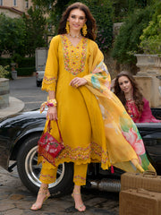 Indo Era Mustard Embroidered A-Line Kurta Trousers With Dupatta Set