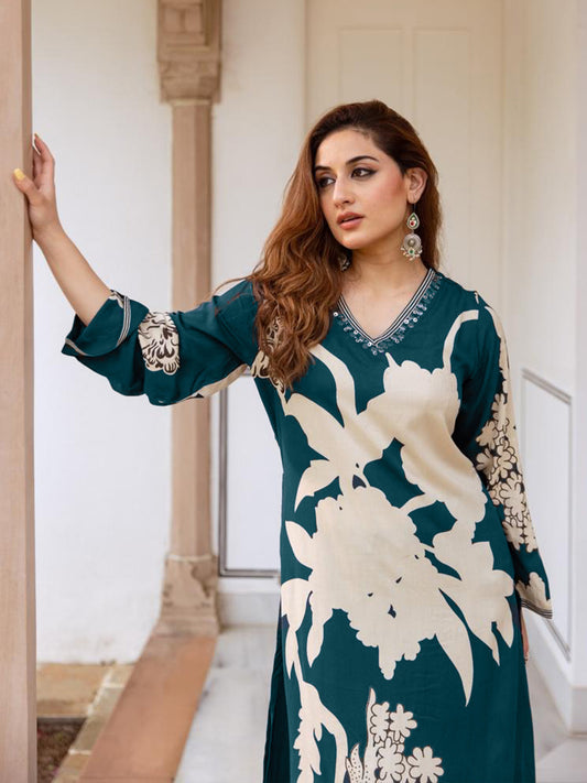 Indo Era Teal Printed A-Line Kurta Salwar set