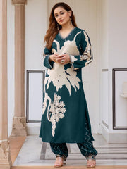 Indo Era Teal Printed A-Line Kurta Salwar set