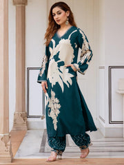 Indo Era Teal Printed A-Line Kurta Salwar set