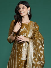 Indo Era Mustard Woven Design Straight Kurta Trousers With Dupatta  Set