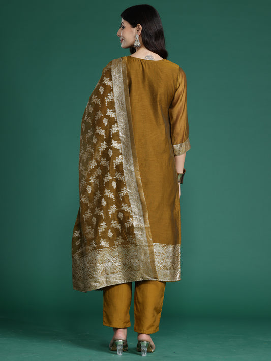 Indo Era Mustard Woven Design Straight Kurta Trousers With Dupatta  Set