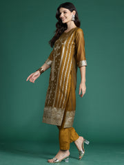 Indo Era Mustard Woven Design Straight Kurta Trousers With Dupatta  Set