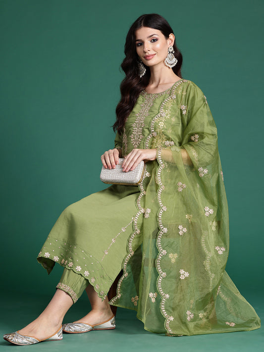 Indo Era Green Embroidered Straight Kurta Trousers With Dupatta set