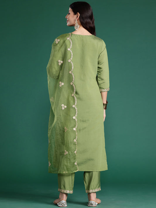 Indo Era Green Embroidered Straight Kurta Trousers With Dupatta set