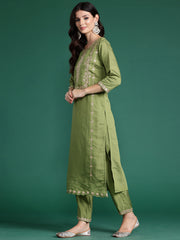 Indo Era Green Embroidered Straight Kurta Trousers With Dupatta set