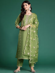 Indo Era Green Embroidered Straight Kurta Trousers With Dupatta set