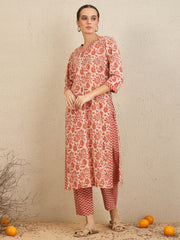 Indo Era Rust Printed Straight Kurta Trousers With Dupatta set