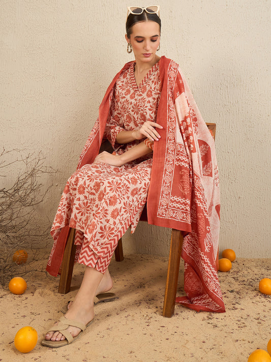 Indo Era Rust Printed Straight Kurta Trousers With Dupatta set