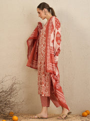 Indo Era Rust Printed Straight Kurta Trousers With Dupatta set