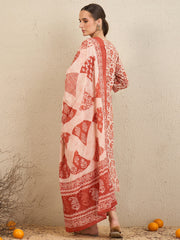 Indo Era Rust Printed Straight Kurta Trousers With Dupatta set