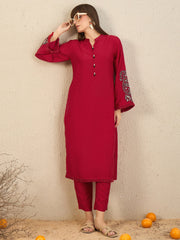 Indo Era Red Embroidered Straight Kurta Trousers set