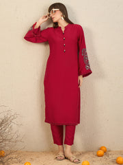 Indo Era Red Embroidered Straight Kurta Trousers set