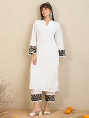 Indo Era White Embroidered Straight Kurta Trousers set