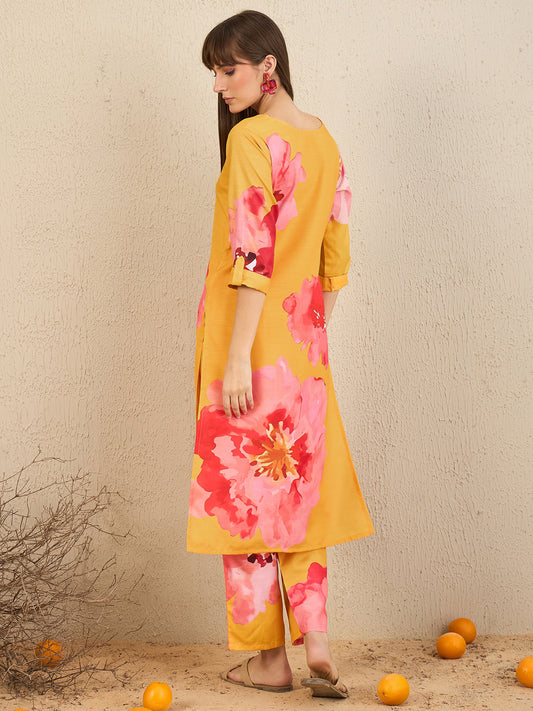 Indo Era Yellow Printed Straight Kurta Trousers Set