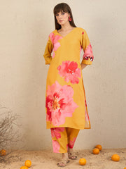 Indo Era Yellow Printed Straight Kurta Trousers Set